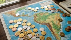 Distintas criptomonedas físicas esparcidas en un mapa de América Latina.