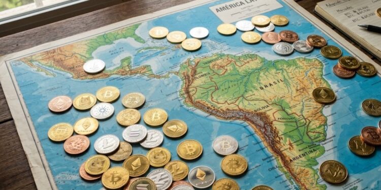 Distintas criptomonedas físicas esparcidas en un mapa de América Latina.