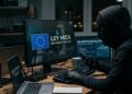 Un estafador con la cara cubierta al frente de una computadora que refleja la Ley MiCA y la bandera de la UE.