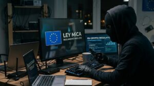 Un estafador con la cara cubierta al frente de una computadora que refleja la Ley MiCA y la bandera de la UE.