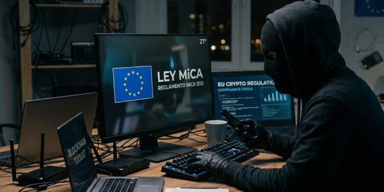 Un estafador con la cara cubierta al frente de una computadora que refleja la Ley MiCA y la bandera de la UE.