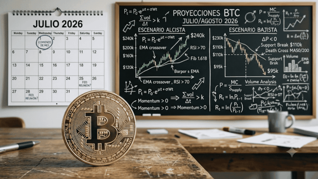 Primer plano: moneda física de bitcoin. Fondo: calendario de julio de 2026 y pizarra con análisis de mercado.