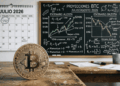 Primer plano: moneda física de bitcoin. Fondo: calendario de julio de 2026 y pizarra con análisis de mercado.