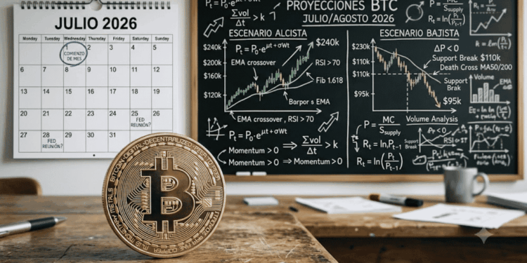 Primer plano: moneda física de bitcoin. Fondo: calendario de julio de 2026 y pizarra con análisis de mercado.