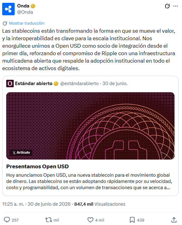 Publicación de la empresa Ripple en X, donde se ve el apoyo a Open USD (OUSD).
