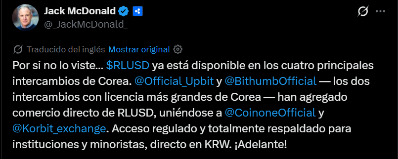Captura del post de Jack McDonald, vicepresidente senior de stablecoins en Ripple.