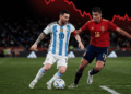 Lionel Messi con la camiseta de Argentina y Rodrigo Hernández con la de España disputan el balón en un partido de fútbol, mientras en el fondo negro destaca un enorme gráfico rojo de caída financiera.