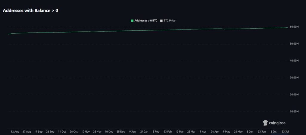 Gráfico de línea verde que representa la cantidad de direcciones de BTC con una fracción de BTC.
