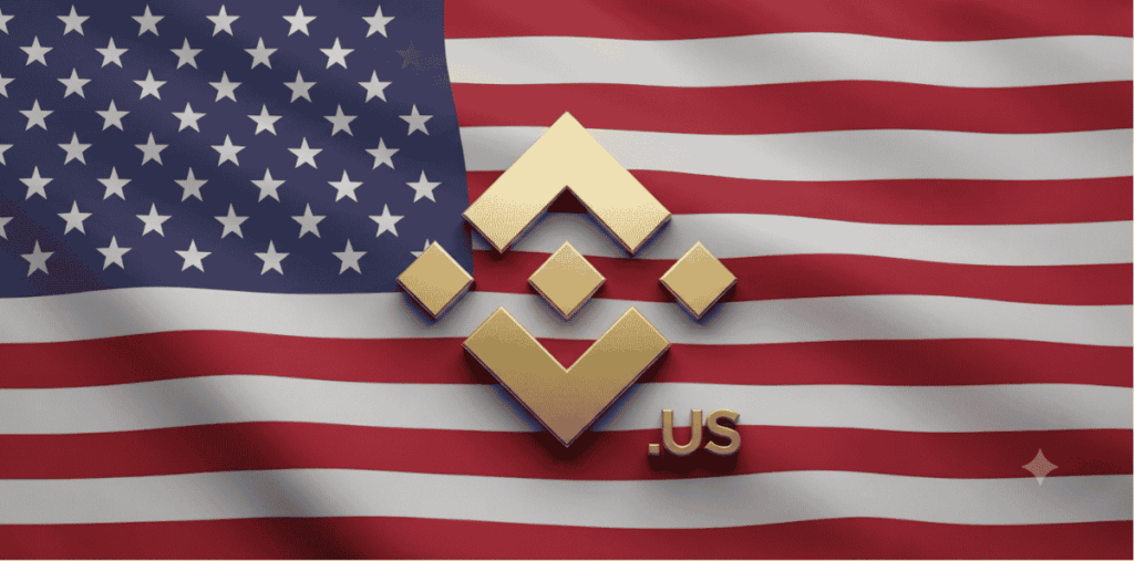 Logo de Binance, bandera de Estados Unidos.