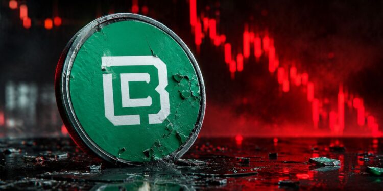 Moneda verde deteriorada con el logo de Balance Coin frente a un gráfico financiero en caída roja.