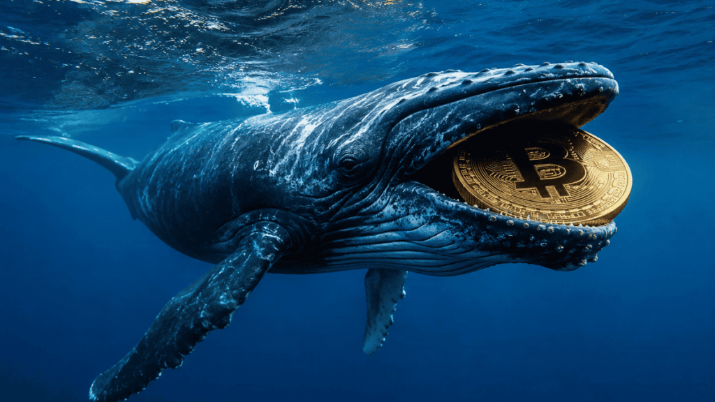 Ballena con una moneda de bitcoin en la boca.