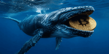 Ballena con una moneda de bitcoin en la boca.