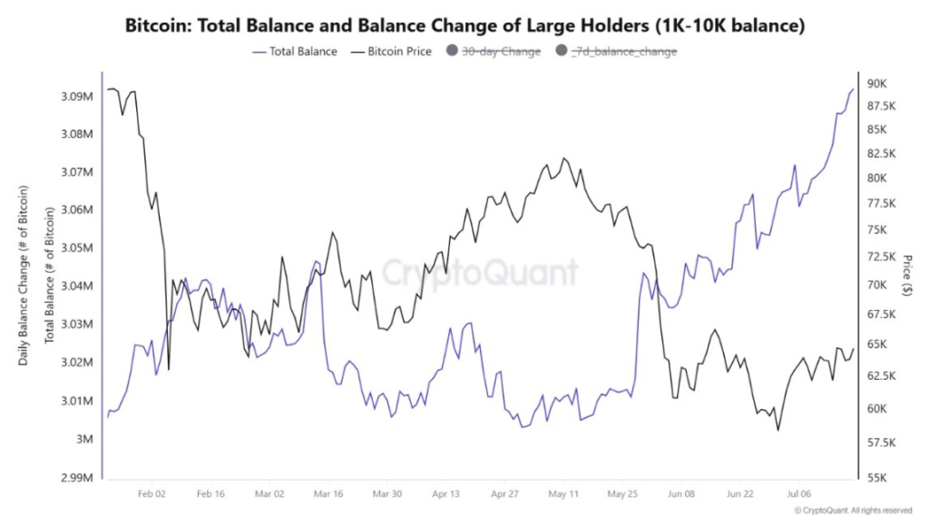Gráfico de Cryptoquant que muestra la acumulación de bitcoin por parte de ballenas y el precio de bitcoin.