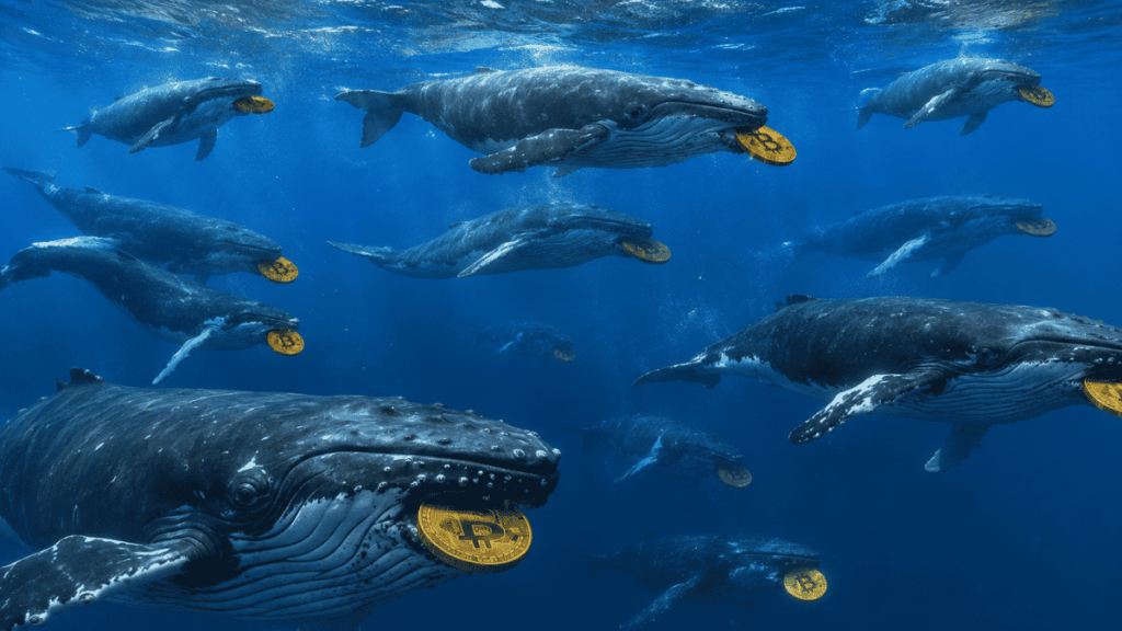 Ballenas con bitcoin en sus bocas.