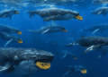 Ballenas con bitcoin en sus bocas.