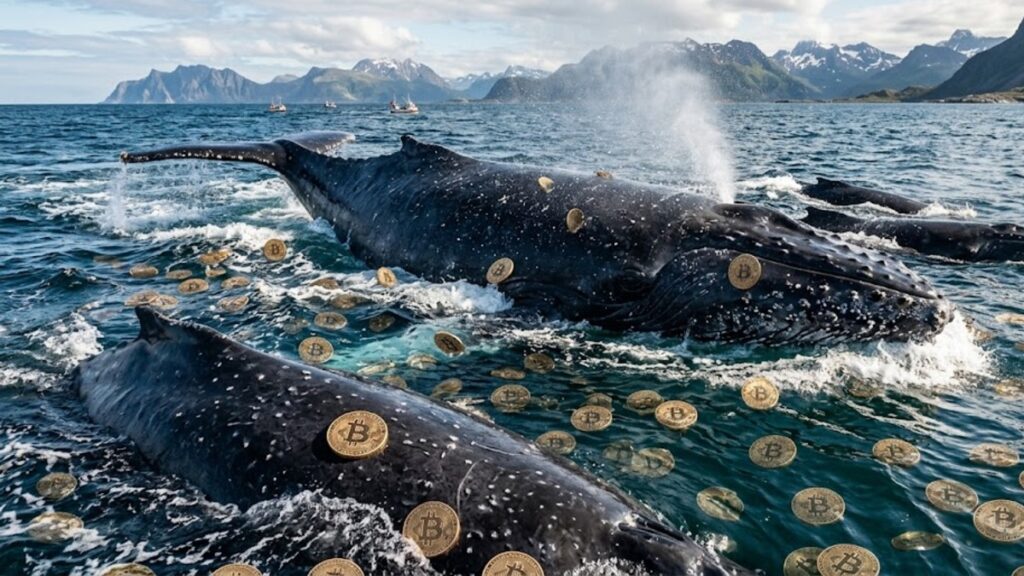 Ballenas con monedas de bitcoin alrededor.