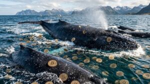 Ballenas con monedas de bitcoin alrededor.