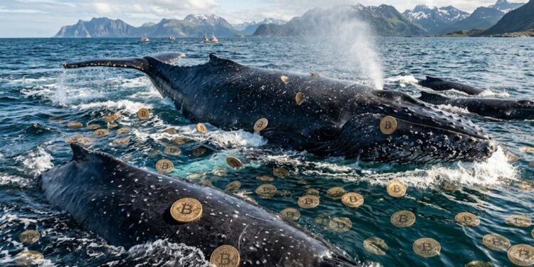 Ballenas con monedas de bitcoin alrededor.