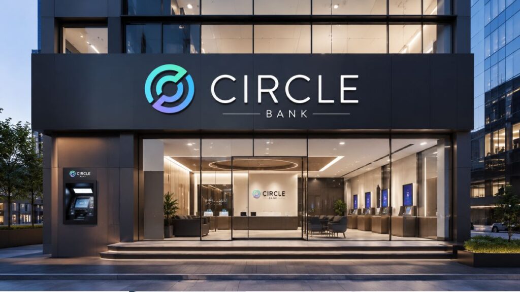 Fachada moderna de una sucursal del banco Circle Bank con logotipo iluminado.