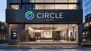 Fachada moderna de una sucursal del banco Circle Bank con logotipo iluminado.