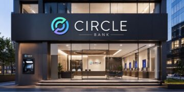 Fachada moderna de una sucursal del banco Circle Bank con logotipo iluminado.