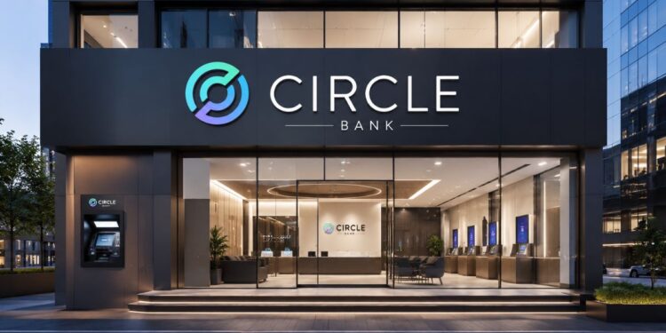 Fachada moderna de una sucursal del banco Circle Bank con logotipo iluminado.