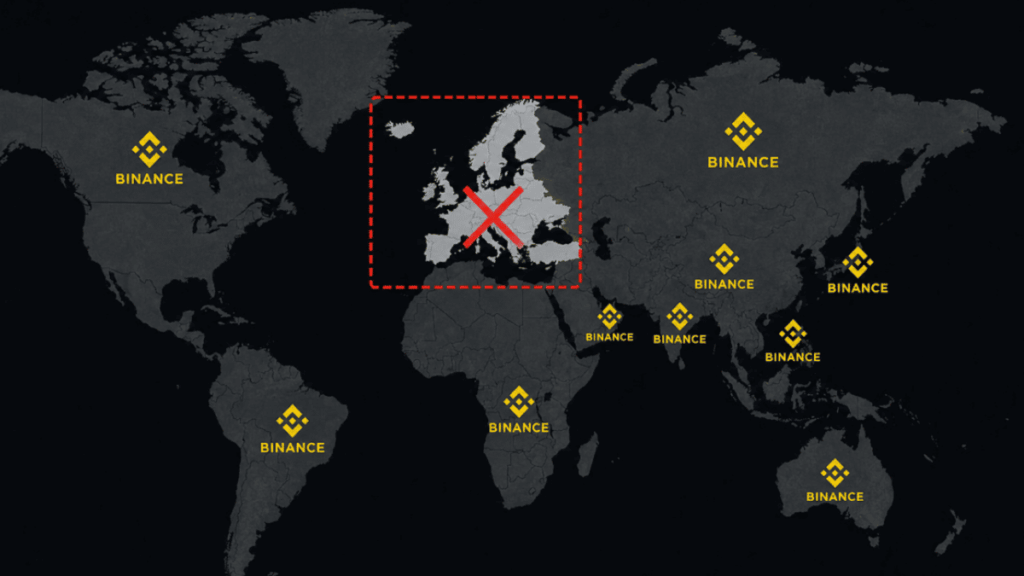 Mapa del mundo con el logo de Binance en diversos territorios, menos en Europa.