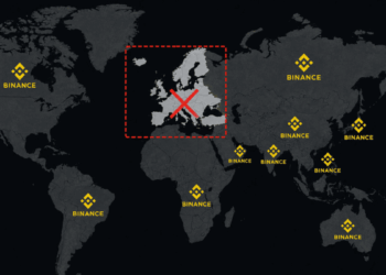 Mapa del mundo con el logo de Binance en diversos territorios, menos en Europa.