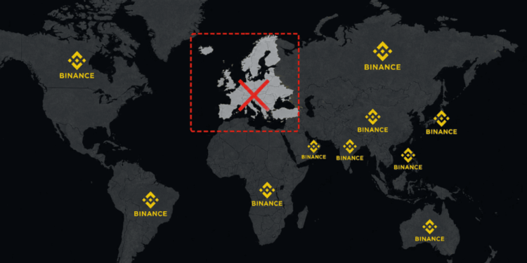Mapa del mundo con el logo de Binance en diversos territorios, menos en Europa.