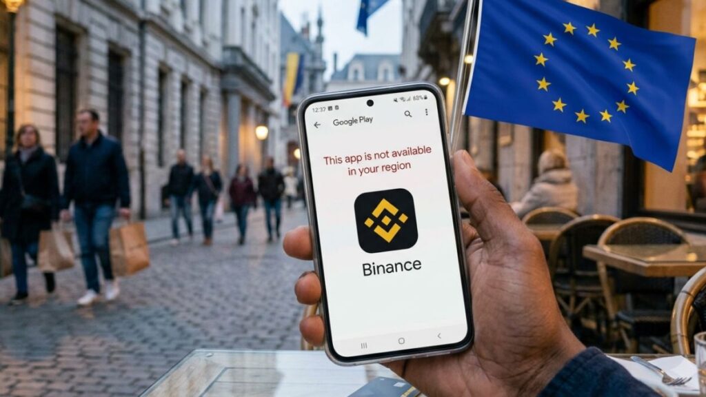 Mano sosteniendo un móvil en una terraza europea mostrando en pantalla el logo de Binance y un mensaje de restricción.