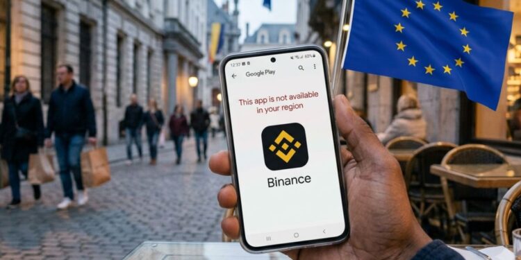 Mano sosteniendo un móvil en una terraza europea mostrando en pantalla el logo de Binance y un mensaje de restricción.