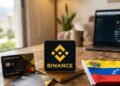 Logo de Binance junto a una tarjeta de débito y la bandera de Venezuela sobre una mesa.