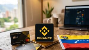 Logo de Binance junto a una tarjeta de débito y la bandera de Venezuela sobre una mesa.