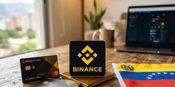 Logo de Binance junto a una tarjeta de débito y la bandera de Venezuela sobre una mesa.