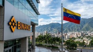 Logo de Binance, y al lado, la bandera de Venezuela, hacia en el fondo