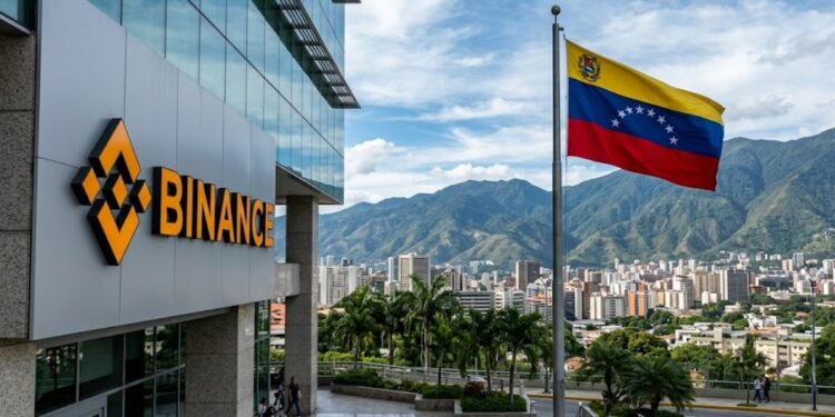 Logo de Binance, y al lado, la bandera de Venezuela, hacia en el fondo