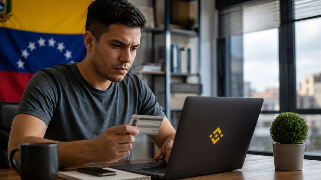 Hombre en Venezuela verificando su identidad con documento en mano frente a laptop.