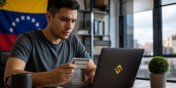 Hombre en Venezuela verificando su identidad con documento en mano frente a laptop.