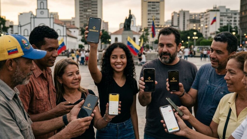 Personas en Caracas mostrando la aplicación de Binance en sus teléfonos móviles.