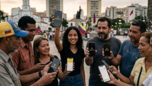 Personas en Caracas mostrando la aplicación de Binance en sus teléfonos móviles.