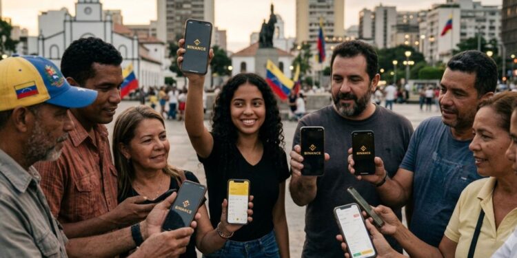 Personas en Caracas mostrando la aplicación de Binance en sus teléfonos móviles.