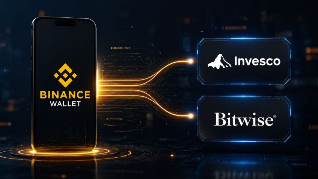 Interfaz de Binance Wallet conectada digitalmente a los fondos de Invesco y Bitwise.