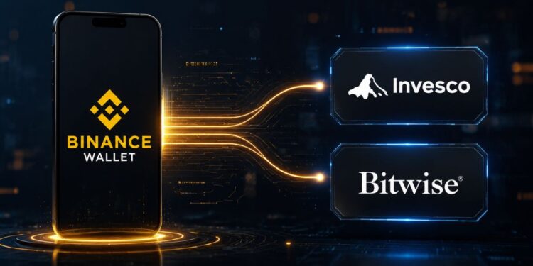 Interfaz de Binance Wallet conectada digitalmente a los fondos de Invesco y Bitwise.