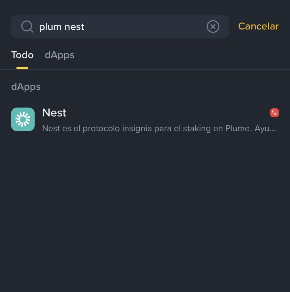 Búsqueda de la dApp Nest de Plume Network en la interfaz de Binance Wallet.