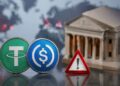 Criptomonedas USDT de Tether y USDC junto a una señal de advertencia roja