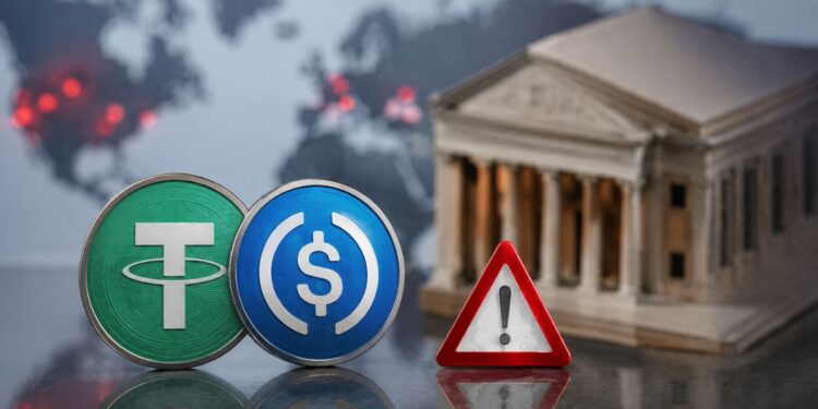 Criptomonedas USDT de Tether y USDC junto a una señal de advertencia roja