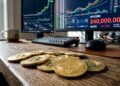 Monedas de bitcoin sobre una mesa con gráficos de mercado en el fondo y la cifra de 40.000 dólares.