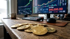 Monedas de bitcoin sobre una mesa con gráficos de mercado en el fondo y la cifra de 40.000 dólares.