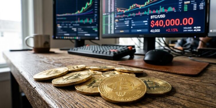 Monedas de bitcoin sobre una mesa con gráficos de mercado en el fondo y la cifra de 40.000 dólares.