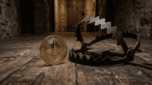Moneda de bitcoin al lado de una trampa.